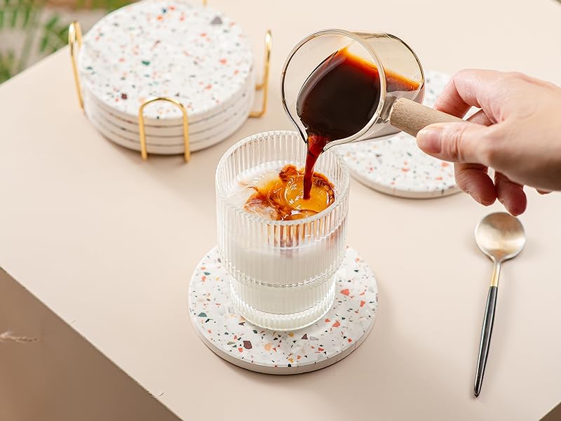 Terrazzo Drink Absorbent Coasters with Holder Set of 6, Ceramic Coaster for Drinks, Coffee Table Decor, Water Absorbing Stone Coaster for Drinks (Marble)