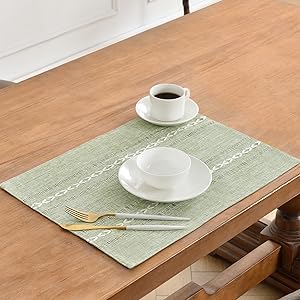 Wracra Cotton Linen Placemats, 12 x 18 Inch Set of 4 Fete Placemats Rustic Hemstitch Place Mats for Kitchen Table and Heat Resistant-Sage Green