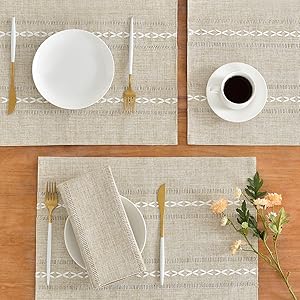 Wracra Cotton Linen Placemats, 12 x 18 Inch Set of 4 Fete Placemats Rustic Hemstitch Place Mats for Kitchen Table and Heat Resistant-Sage Green