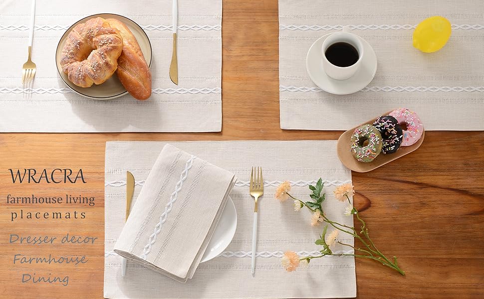 Wracra Cotton Linen Placemats, 12 x 18 Inch Set of 4 Fete Placemats Rustic Hemstitch Place Mats for Kitchen Table and Heat Resistant-Sage Green