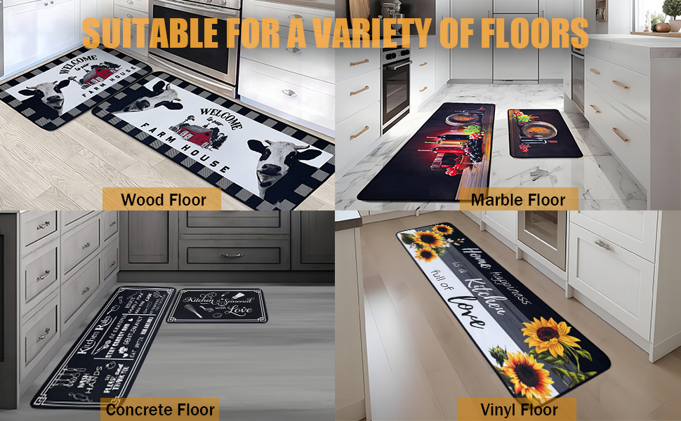 Black and White Kitchen Rugs,Non Skid Washable Microfiber mats for Kitchen Floor,Kitchen Rules Theme Cushioned Runner Rug Decor Sets of 2,Size 17