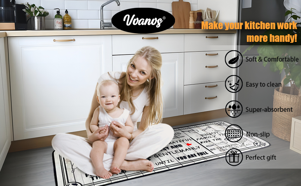 Black and White Kitchen Rugs,Non Skid Washable Microfiber mats for Kitchen Floor,Kitchen Rules Theme Cushioned Runner Rug Decor Sets of 2,Size 17