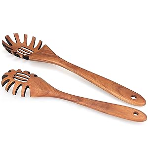 Wooden Pasta Spoon with Teeth Spaghetti Fork Tongs 12.5 Inch Pasta Forks Serving Utensils Acacia Wood Spaghetti Server Spoons Ladle Pastas Spatula Kitchen Tool Spaghettis Scoop Strainer Noodle Spoon