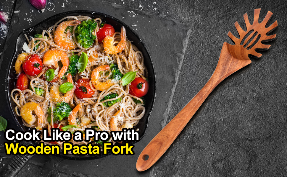 Wooden Pasta Spoon with Teeth Spaghetti Fork Tongs 12.5 Inch Pasta Forks Serving Utensils Acacia Wood Spaghetti Server Spoons Ladle Pastas Spatula Kitchen Tool Spaghettis Scoop Strainer Noodle Spoon