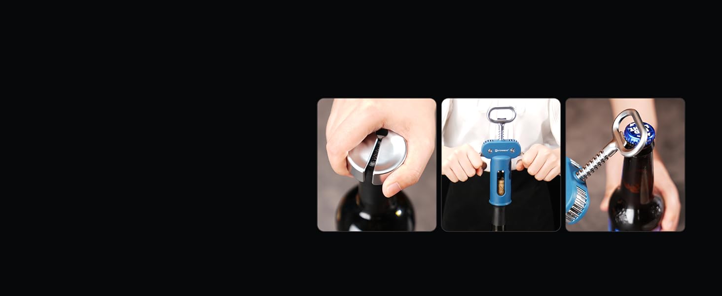 KITCHENDAO Luxury 3 in 1 Wine Opener with Foil Cutter, Beer Bottle Opener, Sturdy Zinc Alloy Wing Corkscrew with Self-centering Non-stick Sharp Screw, Easy to Remove Cork, Manual Corkscrew (Blue)