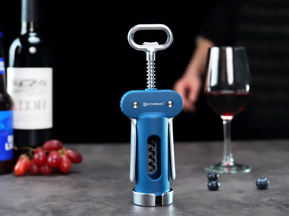 KITCHENDAO Luxury 3 in 1 Wine Opener with Foil Cutter, Beer Bottle Opener, Sturdy Zinc Alloy Wing Corkscrew with Self-centering Non-stick Sharp Screw, Easy to Remove Cork, Manual Corkscrew (Blue)