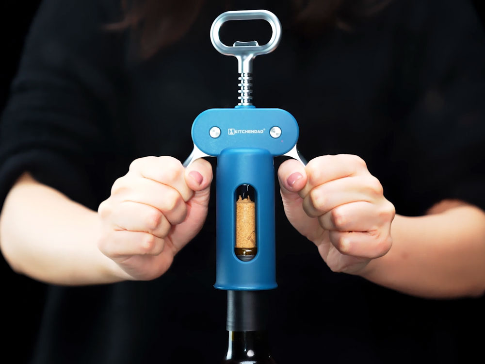 KITCHENDAO Luxury 3 in 1 Wine Opener with Foil Cutter, Beer Bottle Opener, Sturdy Zinc Alloy Wing Corkscrew with Self-centering Non-stick Sharp Screw, Easy to Remove Cork, Manual Corkscrew (Blue)