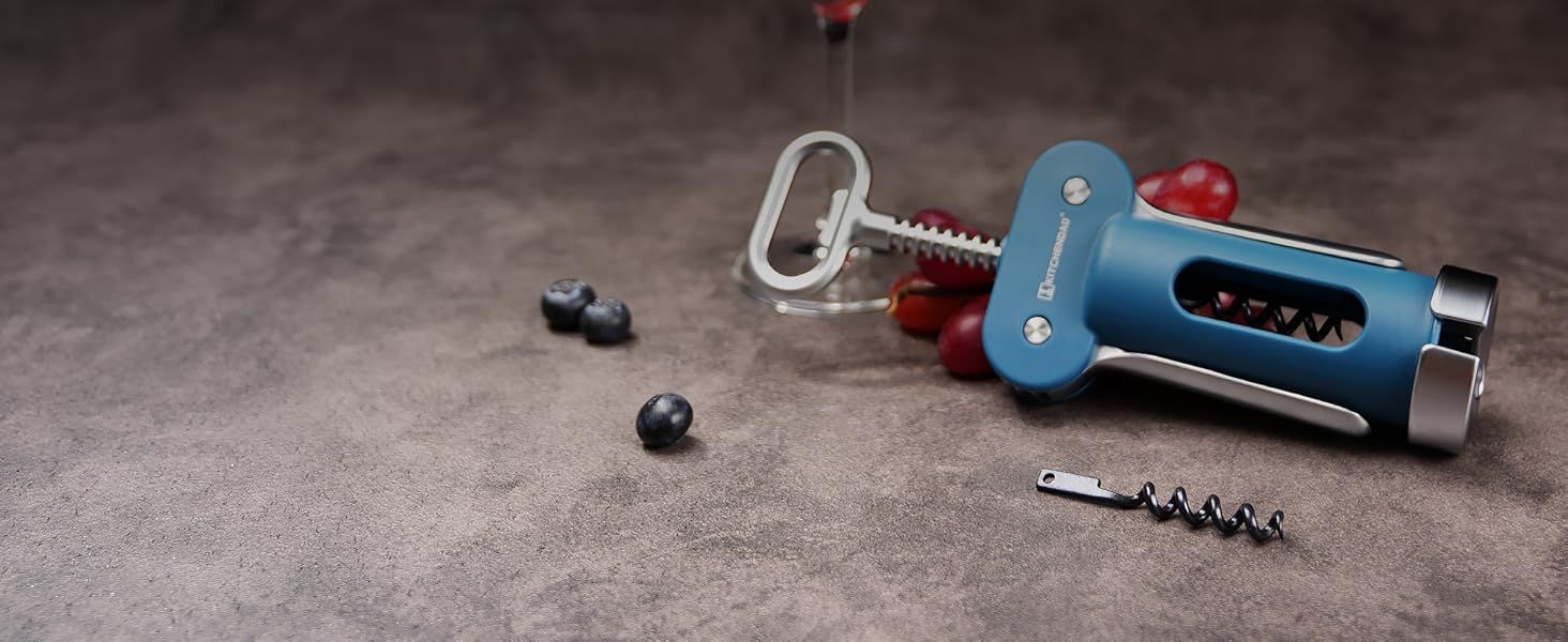 KITCHENDAO Luxury 3 in 1 Wine Opener with Foil Cutter, Beer Bottle Opener, Sturdy Zinc Alloy Wing Corkscrew with Self-centering Non-stick Sharp Screw, Easy to Remove Cork, Manual Corkscrew (Blue)