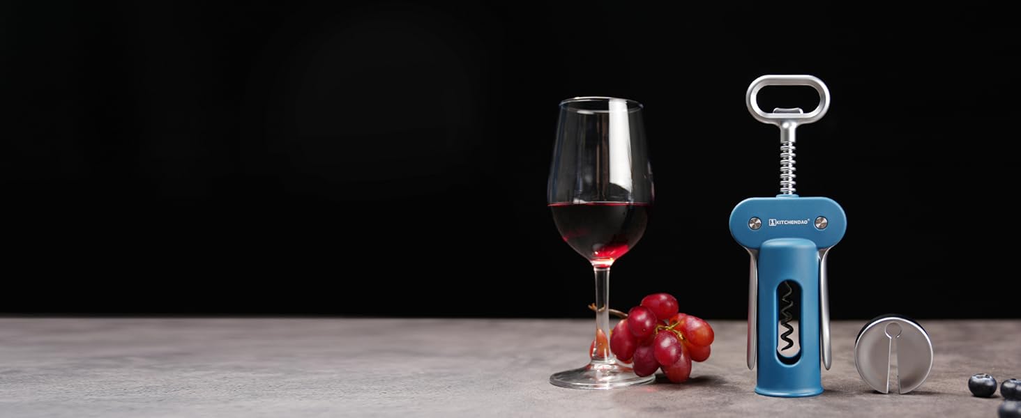 KITCHENDAO Luxury 3 in 1 Wine Opener with Foil Cutter, Beer Bottle Opener, Sturdy Zinc Alloy Wing Corkscrew with Self-centering Non-stick Sharp Screw, Easy to Remove Cork, Manual Corkscrew (Blue)