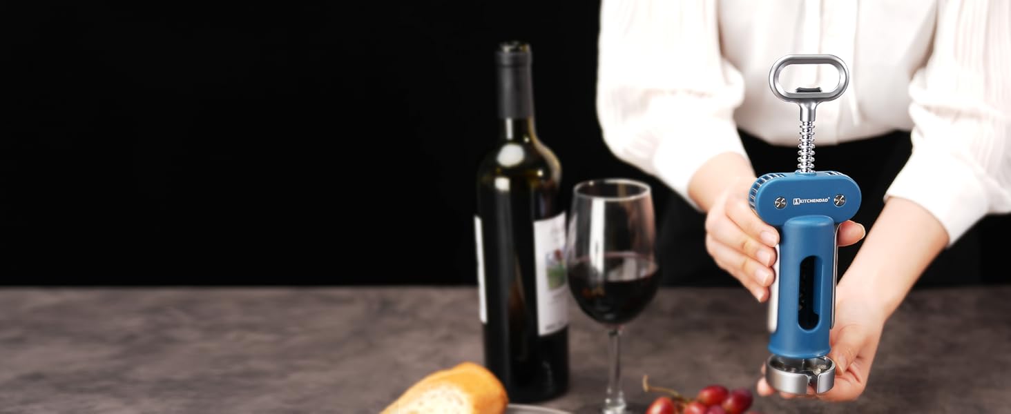 KITCHENDAO Luxury 3 in 1 Wine Opener with Foil Cutter, Beer Bottle Opener, Sturdy Zinc Alloy Wing Corkscrew with Self-centering Non-stick Sharp Screw, Easy to Remove Cork, Manual Corkscrew (Blue)