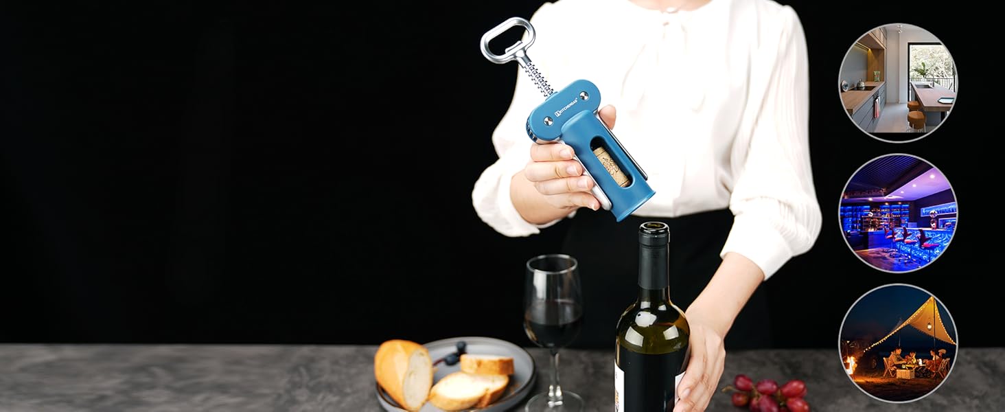KITCHENDAO Luxury 3 in 1 Wine Opener with Foil Cutter, Beer Bottle Opener, Sturdy Zinc Alloy Wing Corkscrew with Self-centering Non-stick Sharp Screw, Easy to Remove Cork, Manual Corkscrew (Blue)