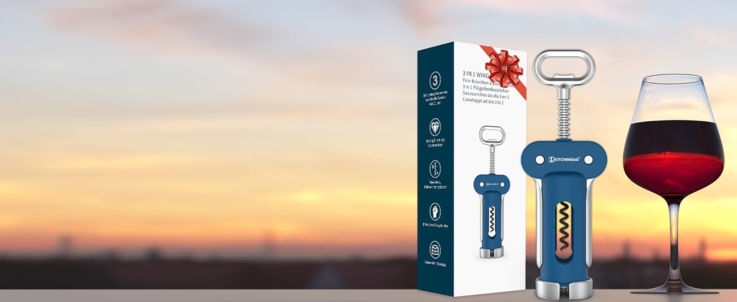 KITCHENDAO Luxury 3 in 1 Wine Opener with Foil Cutter, Beer Bottle Opener, Sturdy Zinc Alloy Wing Corkscrew with Self-centering Non-stick Sharp Screw, Easy to Remove Cork, Manual Corkscrew (Blue)