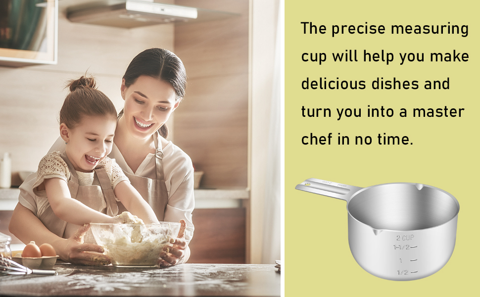 1PCS 2Cup (480ml, 16oz) Single Measuring Cup, Stainless Steel Measure Scoop, Metric and US Measurement, Dishwasher Safe