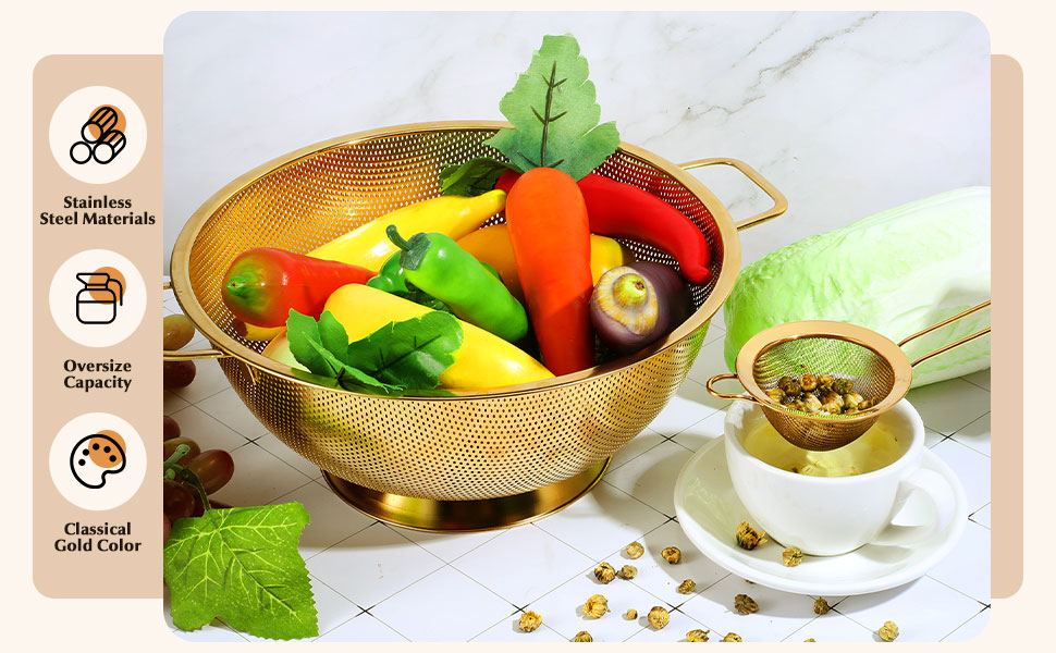 Norme 5 Quart Stainless Steel Gold Colander and 3 Pcs Gold Fine Mesh Strainer, Stainless Steel Pasta Rice Food Metal Strainer with Handles, Easy Clean and Dishwasher Safe