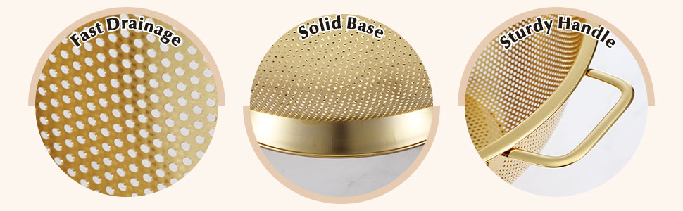 Norme 5 Quart Stainless Steel Gold Colander and 3 Pcs Gold Fine Mesh Strainer, Stainless Steel Pasta Rice Food Metal Strainer with Handles, Easy Clean and Dishwasher Safe