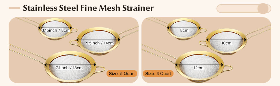 Norme 5 Quart Stainless Steel Gold Colander and 3 Pcs Gold Fine Mesh Strainer, Stainless Steel Pasta Rice Food Metal Strainer with Handles, Easy Clean and Dishwasher Safe