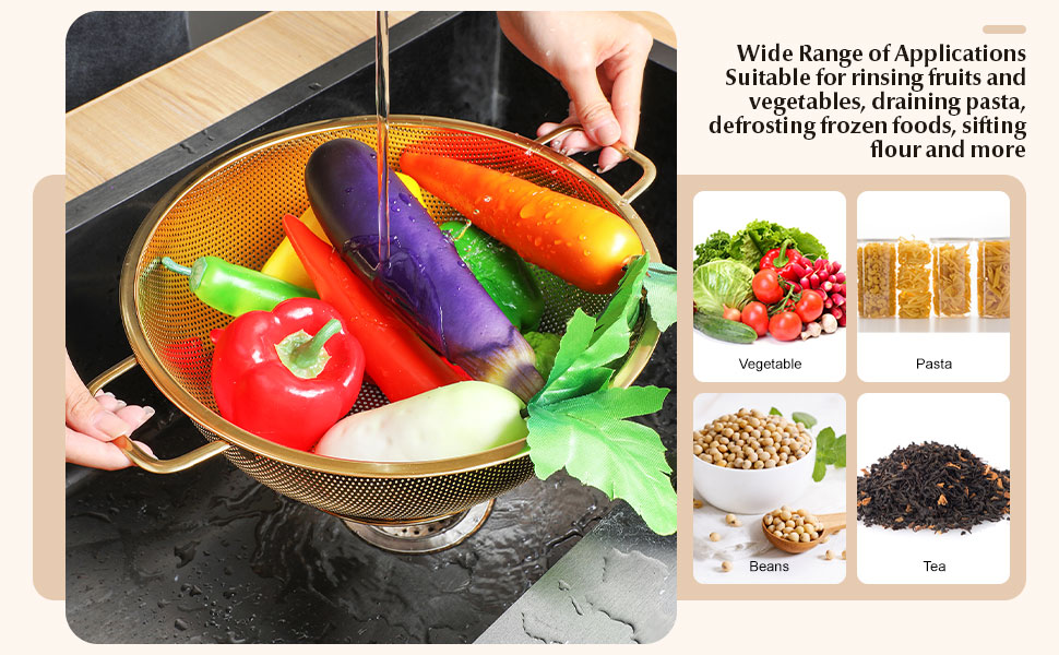 Norme 5 Quart Stainless Steel Gold Colander and 3 Pcs Gold Fine Mesh Strainer, Stainless Steel Pasta Rice Food Metal Strainer with Handles, Easy Clean and Dishwasher Safe