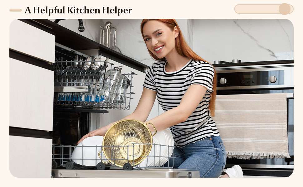 Norme 5 Quart Stainless Steel Gold Colander and 3 Pcs Gold Fine Mesh Strainer, Stainless Steel Pasta Rice Food Metal Strainer with Handles, Easy Clean and Dishwasher Safe