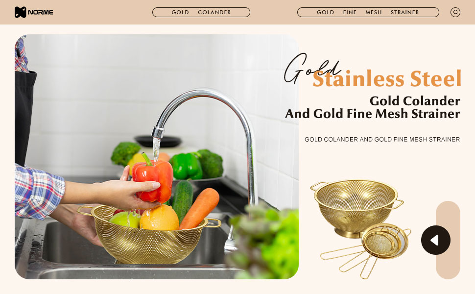 Norme 5 Quart Stainless Steel Gold Colander and 3 Pcs Gold Fine Mesh Strainer, Stainless Steel Pasta Rice Food Metal Strainer with Handles, Easy Clean and Dishwasher Safe