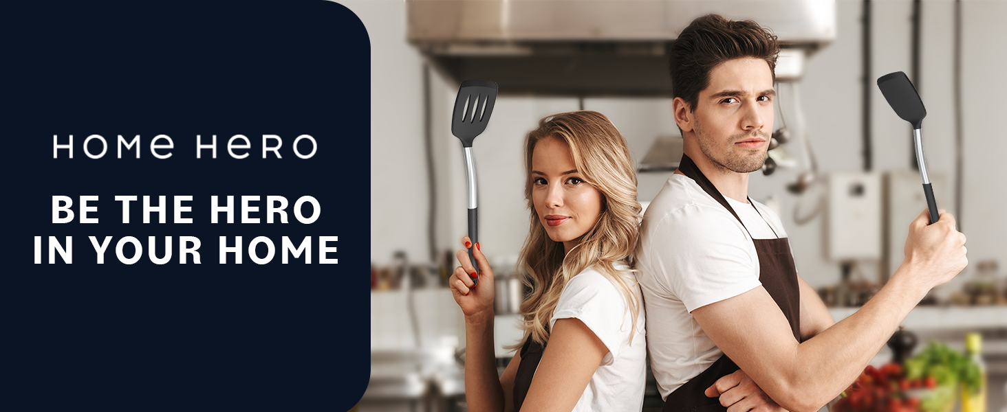 Home Hero Silicone Spatula Set - Heat Resistant Spatulas for Cooking - Ergonomic Stainless Steel Cooking Utensils - Solid & Slotted Silicone Turners - Pack of 2, Black