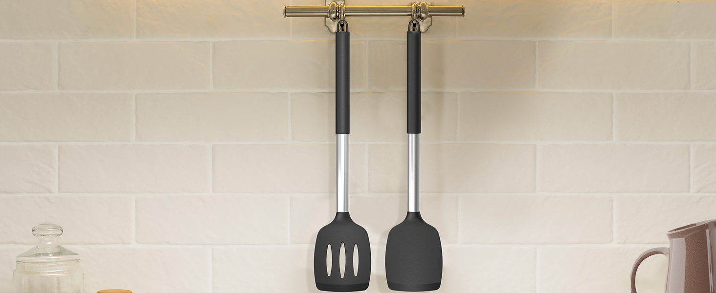 Home Hero Silicone Spatula Set - Heat Resistant Spatulas for Cooking - Ergonomic Stainless Steel Cooking Utensils - Solid & Slotted Silicone Turners - Pack of 2, Black