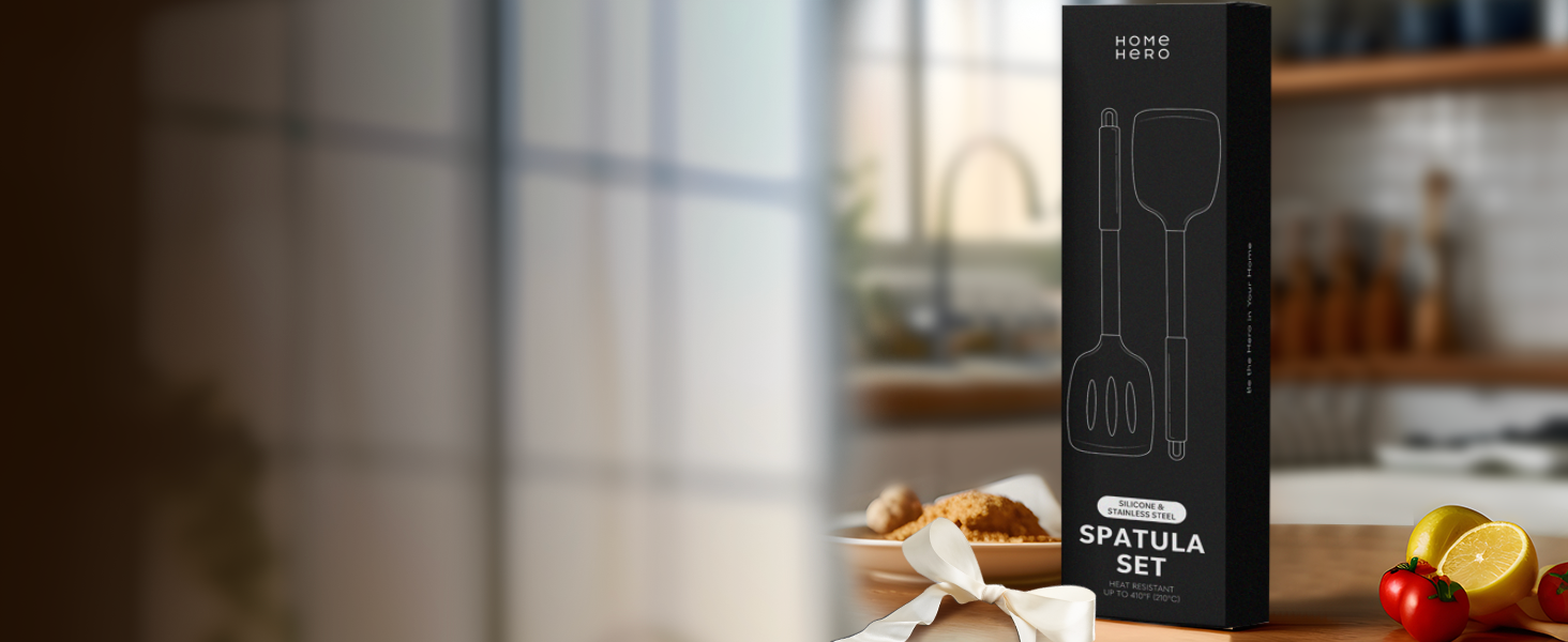 Home Hero Silicone Spatula Set - Heat Resistant Spatulas for Cooking - Ergonomic Stainless Steel Cooking Utensils - Solid & Slotted Silicone Turners - Pack of 2, Black