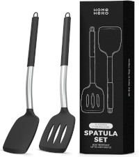 Home Hero Silicone Spatula Set - Heat Resistant Spatulas for Cooking - Ergonomic Stainless Steel Cooking Utensils - Solid & Slotted Silicone Turners - Pack of 2, Black