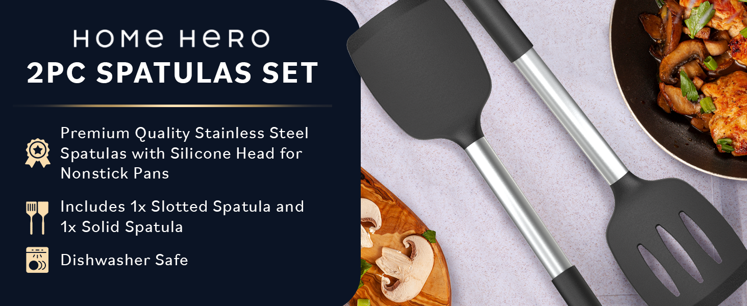 Home Hero Silicone Spatula Set - Heat Resistant Spatulas for Cooking - Ergonomic Stainless Steel Cooking Utensils - Solid & Slotted Silicone Turners - Pack of 2, Black
