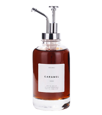 Molimoli Coffee Syrup Dispenser for Coffee Bar, Coffee Pump Dispenser, Glass Syrup Bottle w. Pump, Maple/Coffee Syrup Bottles, Set of 4 w. Labels, Gold