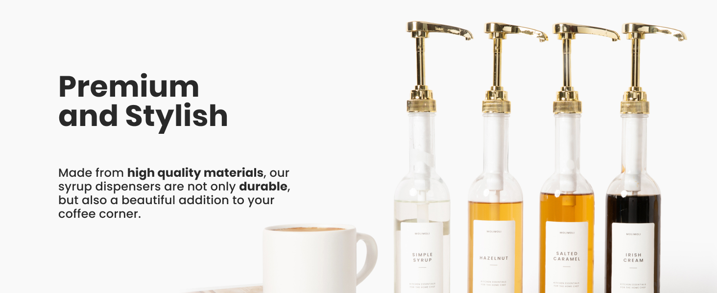 Molimoli Coffee Syrup Dispenser for Coffee Bar, Coffee Pump Dispenser, Glass Syrup Bottle w. Pump, Maple/Coffee Syrup Bottles, Set of 4 w. Labels, Gold