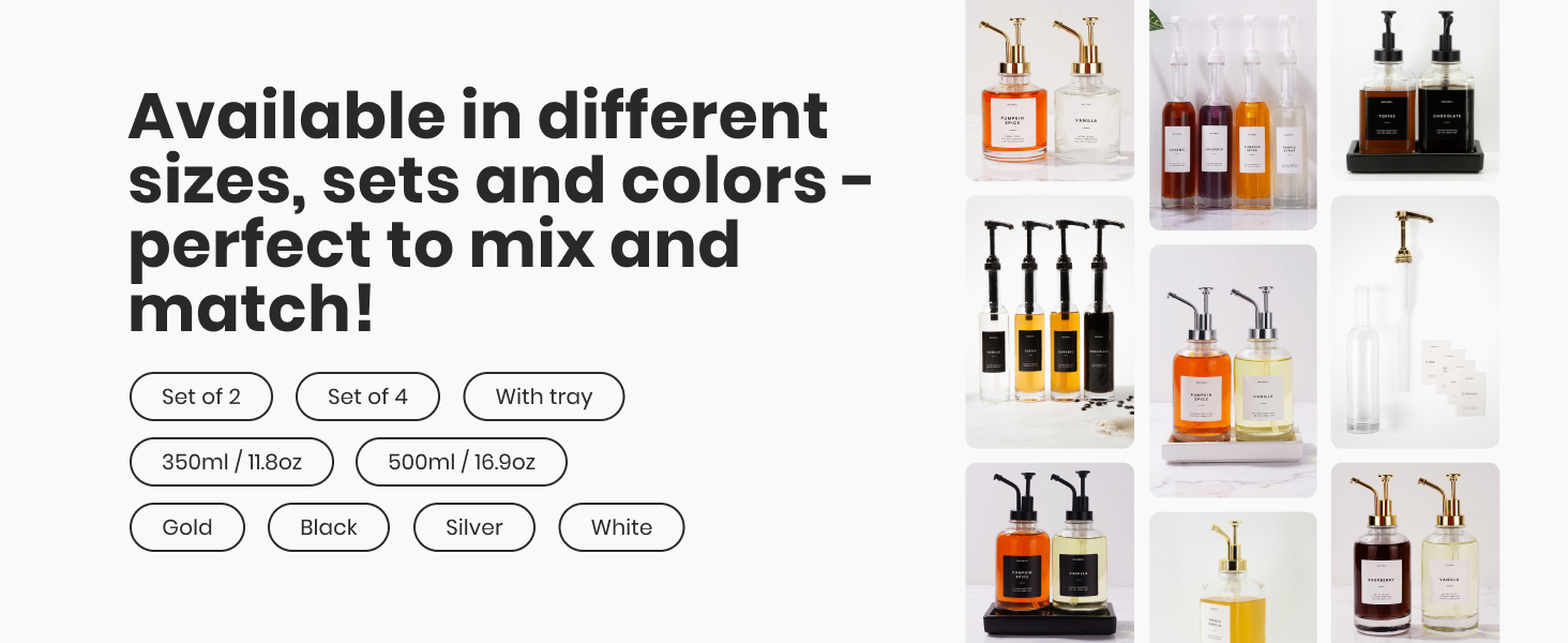 Molimoli Coffee Syrup Dispenser for Coffee Bar, Coffee Pump Dispenser, Glass Syrup Bottle w. Pump, Maple/Coffee Syrup Bottles, Set of 4 w. Labels, Gold