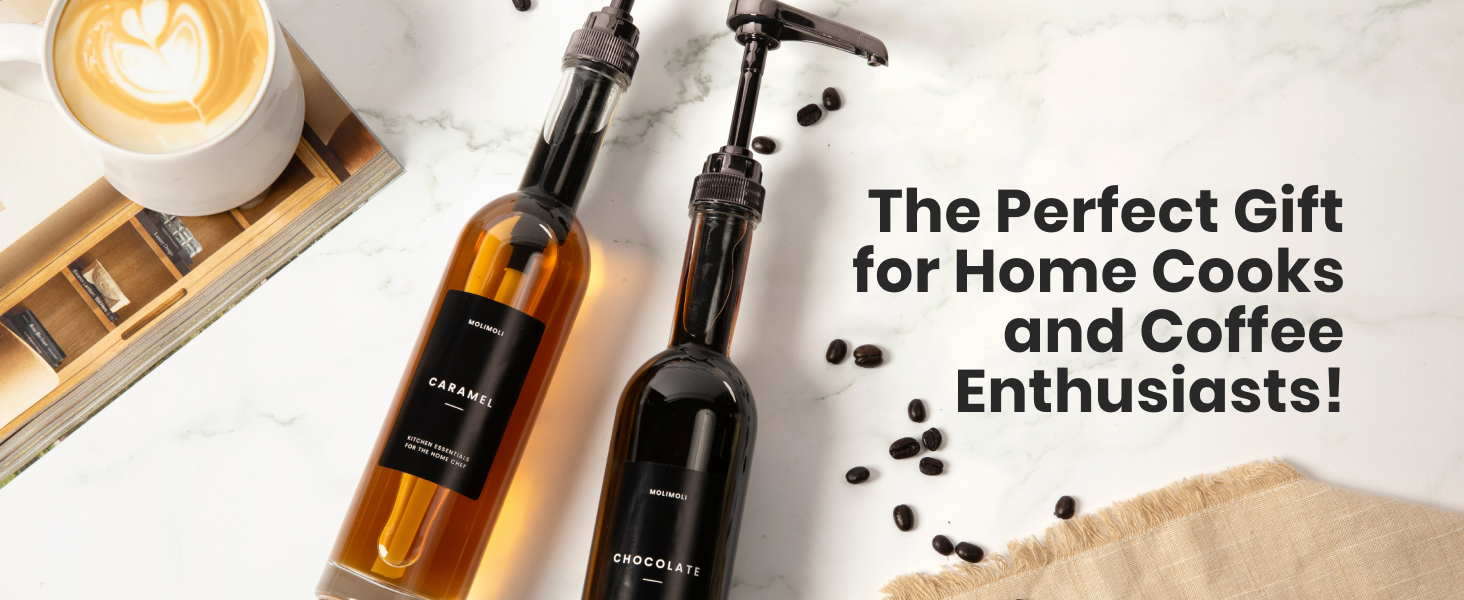 Molimoli Coffee Syrup Dispenser for Coffee Bar, Coffee Pump Dispenser, Glass Syrup Bottle w. Pump, Maple/Coffee Syrup Bottles, Set of 4 w. Labels, Gold