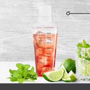 OGGI Clear Cocktail Shaker - 24 oz / 700 ml, Clear Durable Plastic Construction, Built in Strainer - Ideal Home Bar Drink Mixer, Bartender Kit, Essential Bar Accessories