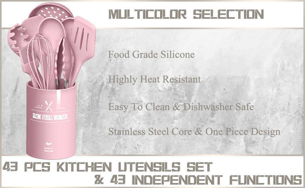 Silicone Cooking Kitchen Utensil Set, AIKKIL 43 Pcs Pink Cooking Utensils Set, Turner, Tongs, Spoon, Spatula, Kitchen Gadgets Tools Set For Nonstick Cookware, Heat Resistant (Dishwasher, BPA Free)