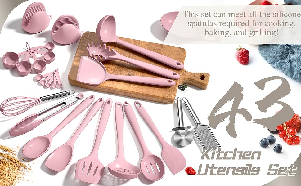 Silicone Cooking Kitchen Utensil Set, AIKKIL 43 Pcs Pink Cooking Utensils Set, Turner, Tongs, Spoon, Spatula, Kitchen Gadgets Tools Set For Nonstick Cookware, Heat Resistant (Dishwasher, BPA Free)