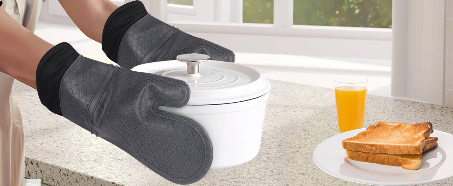 2Pcs Silicone Oven Mitts Waterproof and Non-Slip Temperature Resistant to 500°F 13 inches Grey