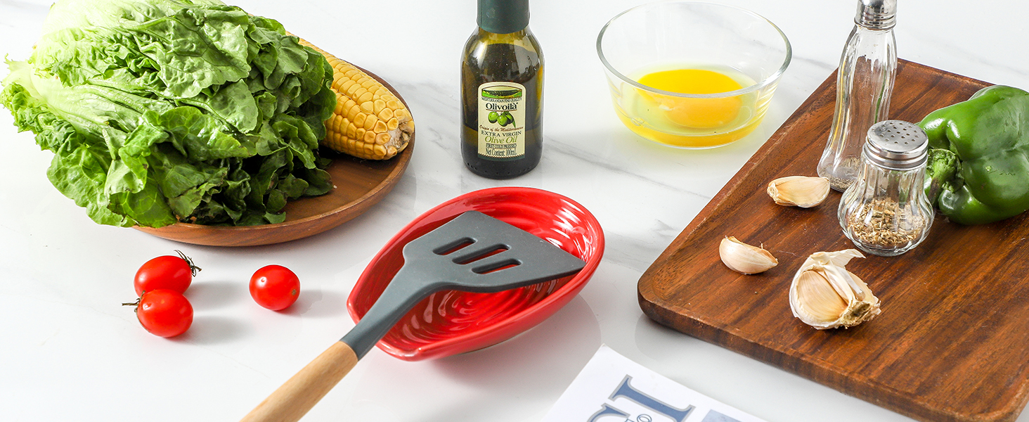 Hasense Spoon Rest for Stove Top, Large Ceramic Cooking Spoon Holder for Kitchen Counter, Porcelain Spatula Rest for Kitchen Utensils, Ladle and Tong, Home and Coffee Bar Decor, Red