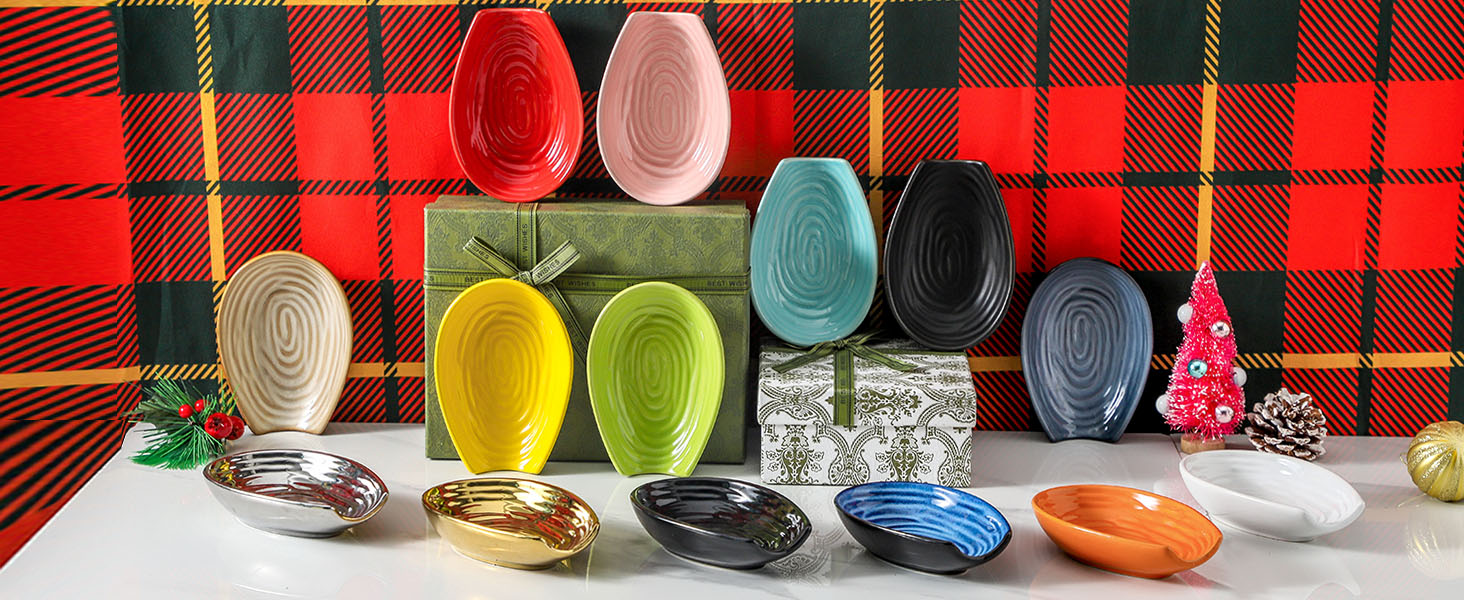 Hasense Spoon Rest for Stove Top, Large Ceramic Cooking Spoon Holder for Kitchen Counter, Porcelain Spatula Rest for Kitchen Utensils, Ladle and Tong, Home and Coffee Bar Decor, Red