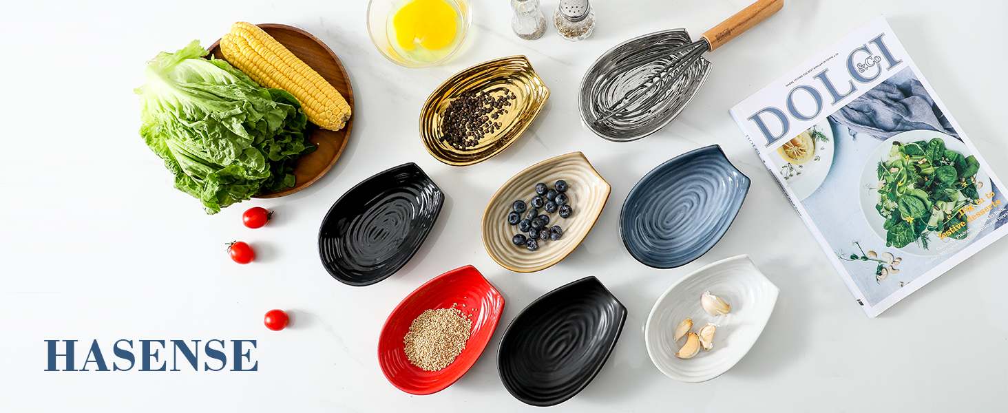 Hasense Spoon Rest for Stove Top, Large Ceramic Cooking Spoon Holder for Kitchen Counter, Porcelain Spatula Rest for Kitchen Utensils, Ladle and Tong, Home and Coffee Bar Decor, Red