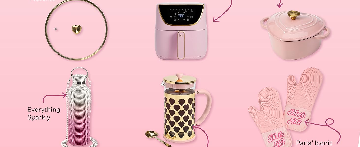 Paris Hilton Heart Shaped Nonstick Bakeware Set, Easy Release Carbon Steel, Includes two 9.5-Inch Pans and four Mini 3.5-Inch Pans, Dishwasher Safe, Made without PFAS or PFOA, 6-Piece Set, Pink