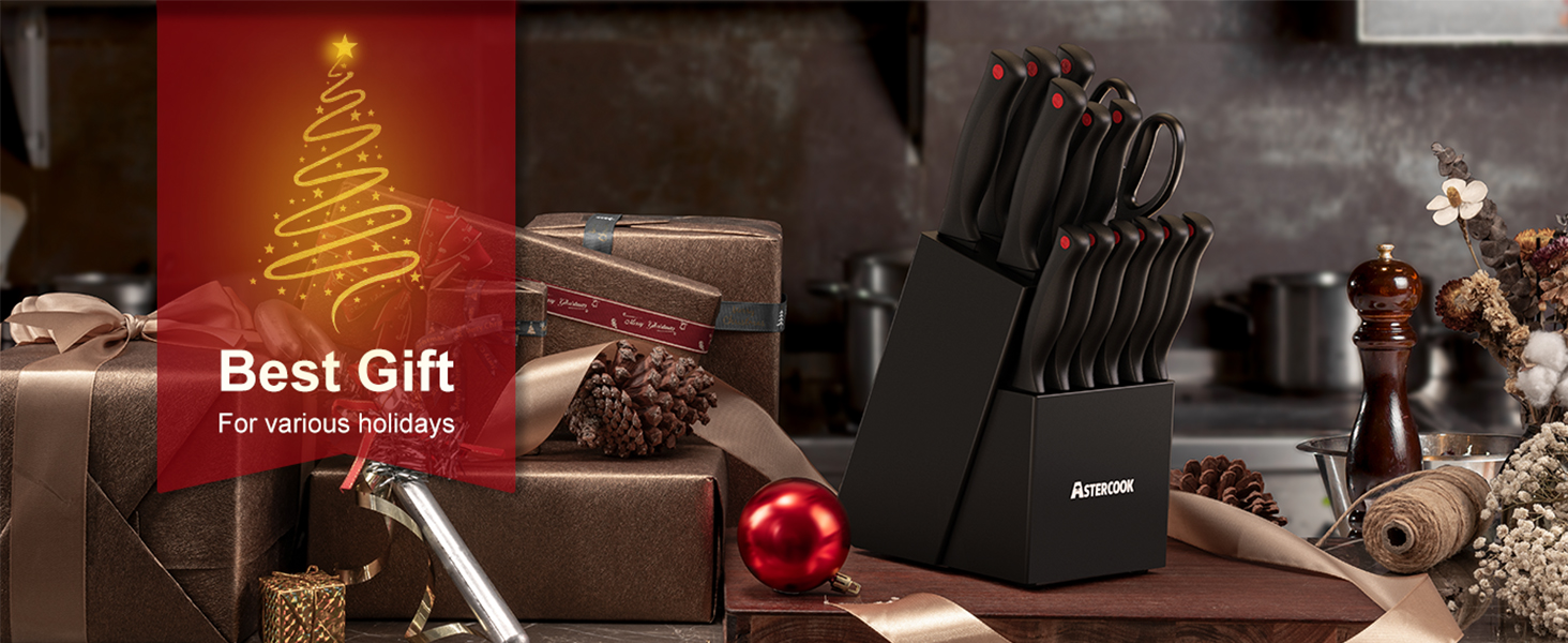 Knife Set, Astercook 15 Pieces Knife Sets for Kitchen with Block, Dishwasher Safe Kitchen Knife Set with Built in Sharpener Block, German Stainless Steel Knife Block Set, Valentine's Gift