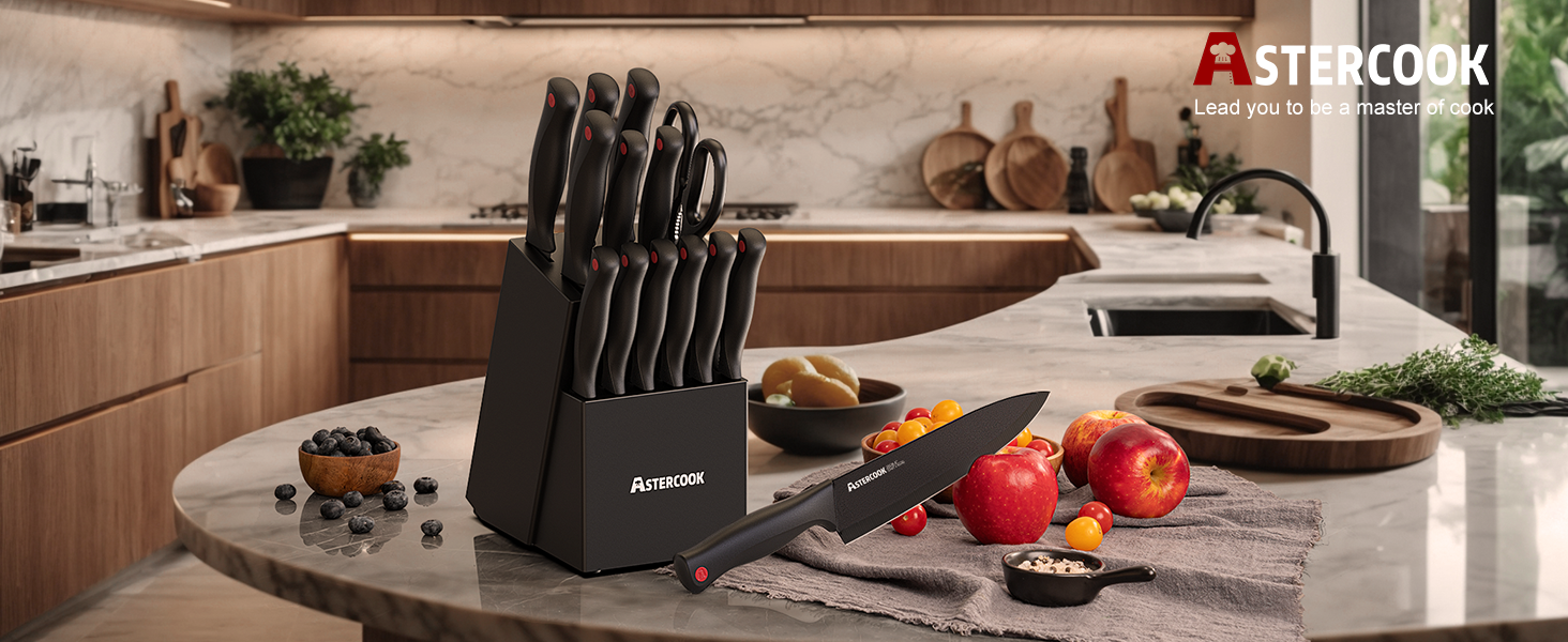 Knife Set, Astercook 15 Pieces Knife Sets for Kitchen with Block, Dishwasher Safe Kitchen Knife Set with Built in Sharpener Block, German Stainless Steel Knife Block Set, Valentine's Gift