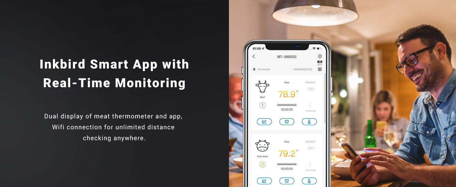 5GHz WiFi & Bluetooth 5.1 Meat Thermometer, Inkbird WiFi Grill Meat Thermometer for Grilling Smoker BBQ Cooking with 4 Probes, IBT-26S Wireless APP Control, Alarm Timer, Backlit LCD, Rechargeable