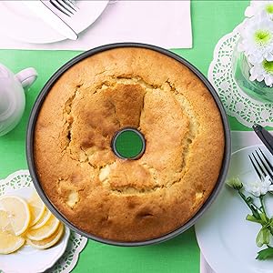 P&P CHEF Angel Food Cake Pan, 10 Inch Cake Pan Round Baking Tube Tin for Baking Pound Cakes, Conical Hollow & One-piece Design, Stainless Steel Core & Heavy-duty, Oven Safe - Black