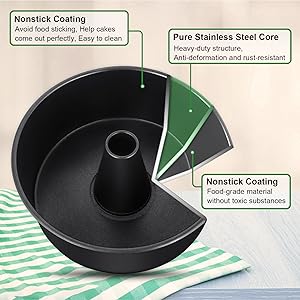 P&P CHEF Angel Food Cake Pan, 10 Inch Cake Pan Round Baking Tube Tin for Baking Pound Cakes, Conical Hollow & One-piece Design, Stainless Steel Core & Heavy-duty, Oven Safe - Black
