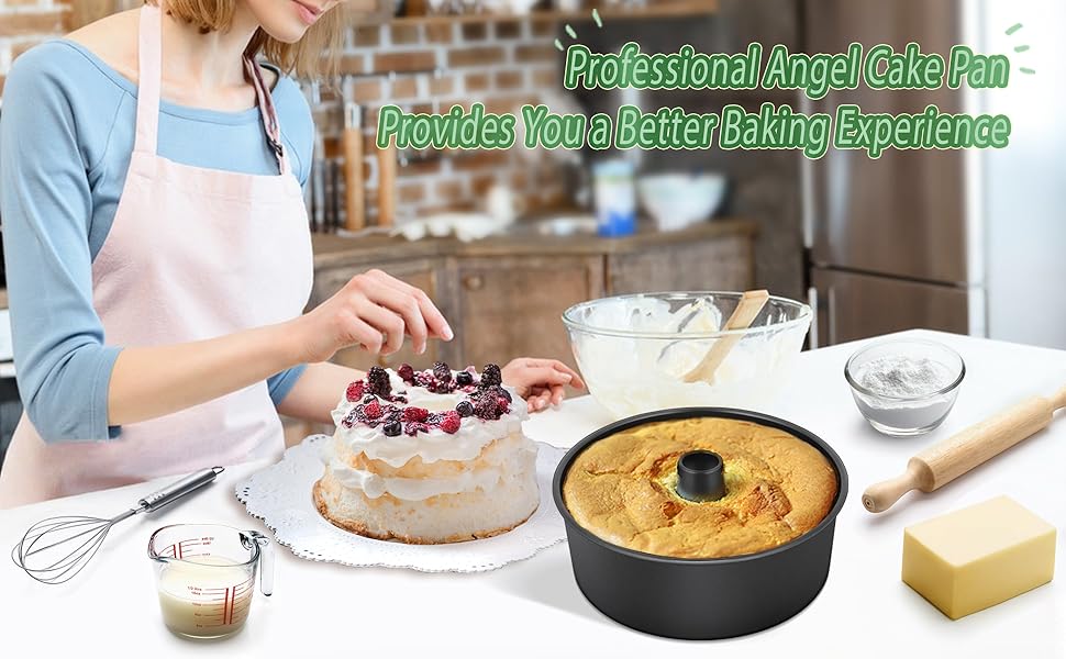 P&P CHEF Angel Food Cake Pan, 10 Inch Cake Pan Round Baking Tube Tin for Baking Pound Cakes, Conical Hollow & One-piece Design, Stainless Steel Core & Heavy-duty, Oven Safe - Black