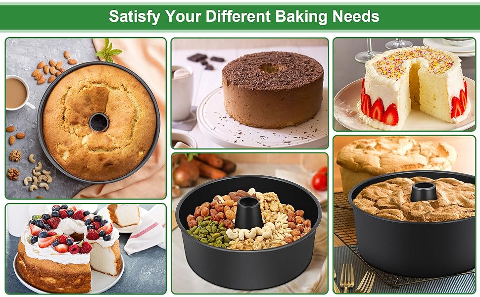 P&P CHEF Angel Food Cake Pan, 10 Inch Cake Pan Round Baking Tube Tin for Baking Pound Cakes, Conical Hollow & One-piece Design, Stainless Steel Core & Heavy-duty, Oven Safe - Black