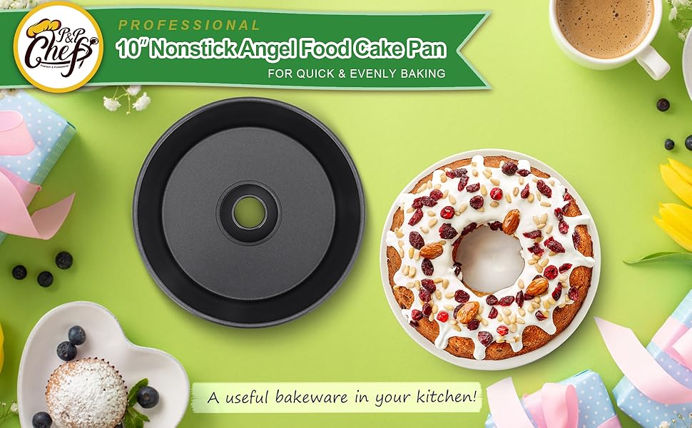P&P CHEF Angel Food Cake Pan, 10 Inch Cake Pan Round Baking Tube Tin for Baking Pound Cakes, Conical Hollow & One-piece Design, Stainless Steel Core & Heavy-duty, Oven Safe - Black