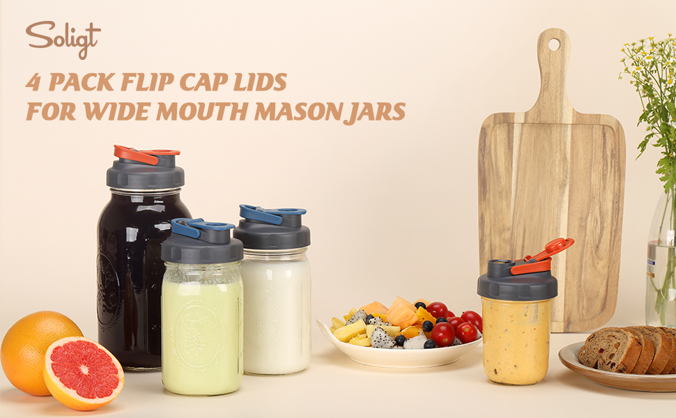 SOLIGT 4 Pack Mason Jar Lids, Wide Mouth Pour Spout Flip Cap Lids for Ball Brand Mason Jars, Leak Proof Airtight for Drinking Salad Dressing & Food Storing