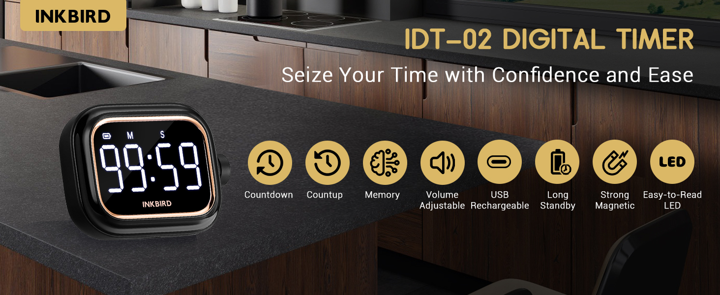 Digital Kitchen Timer for Cooking, INKBIRD Rechargeable 4-Levels Alarm Productivity Timer IDT-02 for Kids, Adults, Teachers, Large LED Smart Countdown Countup Magnetic Timer for Classroom Office